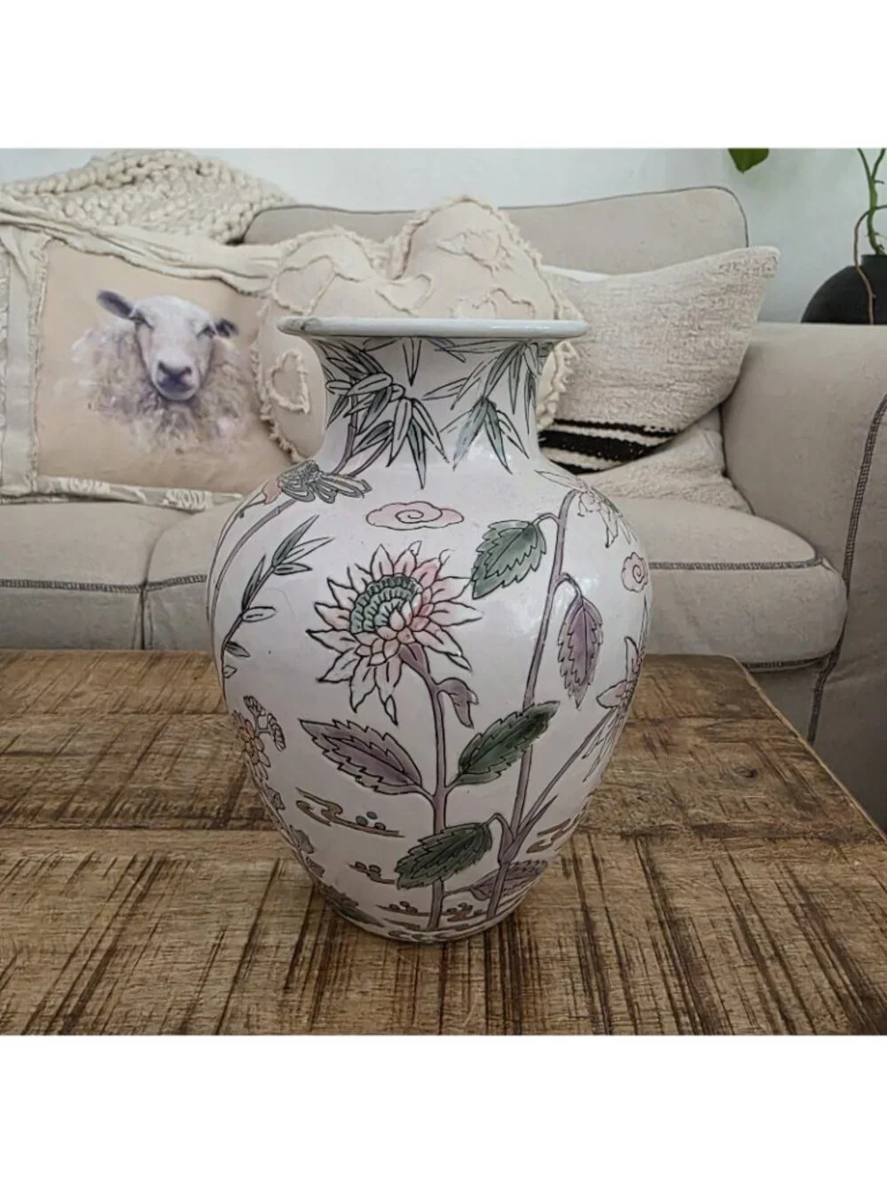 Vintage Chinese Chinoserie Vase Crane Bamboo Flowers 8.5